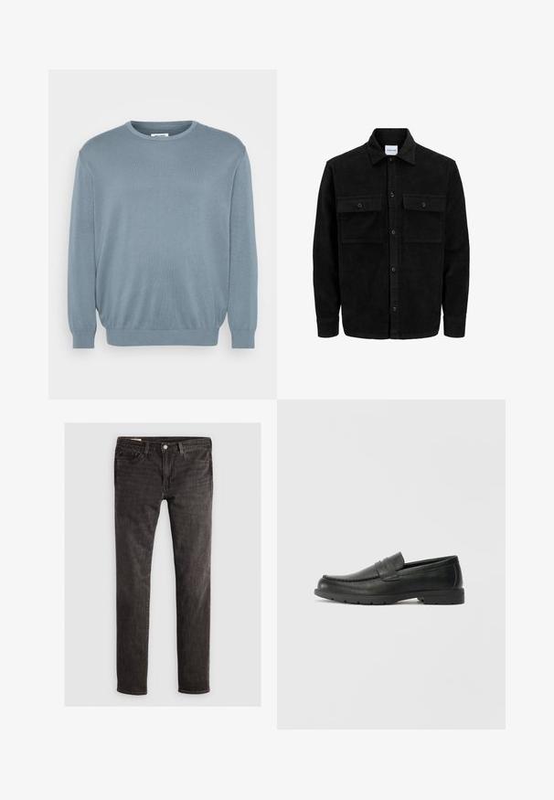 Schwarze Corduroy-Button-Up-Jacke mit zwei frontalem Klappentaschen und klassischem Kragen, langen Ärmeln und gerippter Textur.; Helles blaues Sweatshirt aus Strickstoff, mit rundem Halsausschnitt und gerippten Bündchen und Saum. Einfaches Design mit einer weichen Textur.; Schwarze Denim-Jeans mit Slim-Fit, ausgestattet mit einem Fünf-Taschen-Design, Messingknopf und subtiler Textur. Keine sichtbaren Muster oder zusätzlichen Verzierungen.; Schwarze Lederloafers mit glatter Oberfläche, Mokassin-oberteil, genähten Details und Gummisohle. Klassisches Design mit niedrigem Absatz.