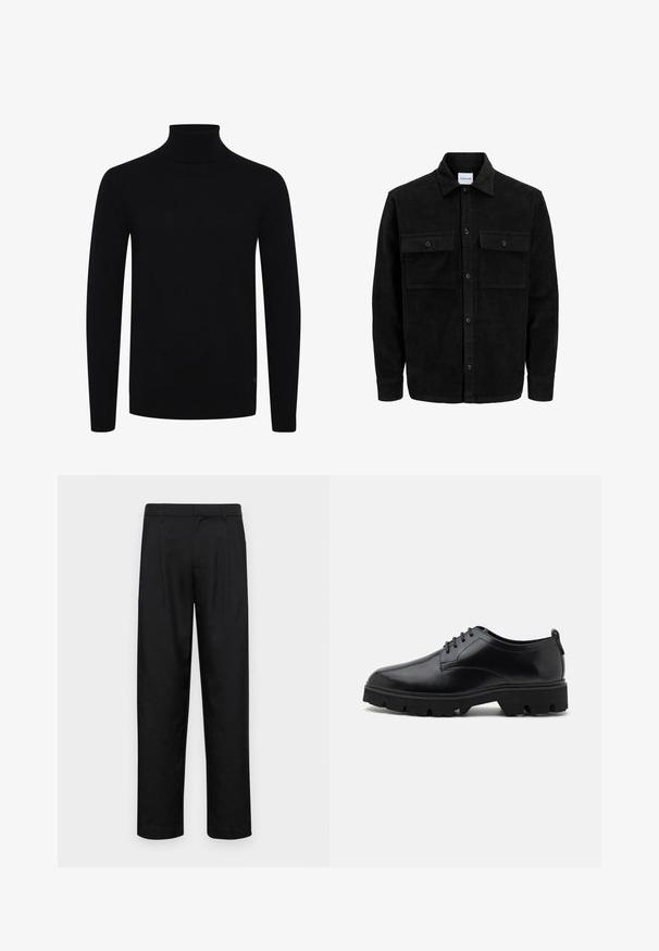 Jachetă din catifea neagră, cu butoni, două buzunare frontale cu clapetă și un guler clasic, mâneci lungi și textură ribbed.; Pulover negru cu guler înalt, mânecă lungă, guler și tiv cu nervuri, fabricat dintr-un material tricotat neted, cu un logo subtil pe latura inferioară.; Pantaloni negri dintr-un material neted, cu un design drept, două pliuri frontale și un tiv standard cu bucle pentru curea.; Pantofi din piele neagră cu un finisaj neted, design cu șireturi și talpă din cauciuc groasă și robustă, având călcâi adânc pentru aderență.
