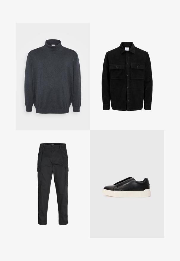 Zwarte corduroy knopenjack met twee voorste klepzakken en een klassieke kraag, lange mouwen en ribbelstructuur.; Jack & Jones JJEBASIC ROLL NECK - Trui - dark grey melange; Zwarte cargobroek van stevig stof, met meerdere zakken, een knoopsluiting en een slim fit ontwerp met taps toelopende benen.; Zwarte slip-on sneaker met een gestructureerde leren bovenkant, witte rubberen zool en geen zichtbare veters. Beschikt over het merkembleem aan de zijkant.