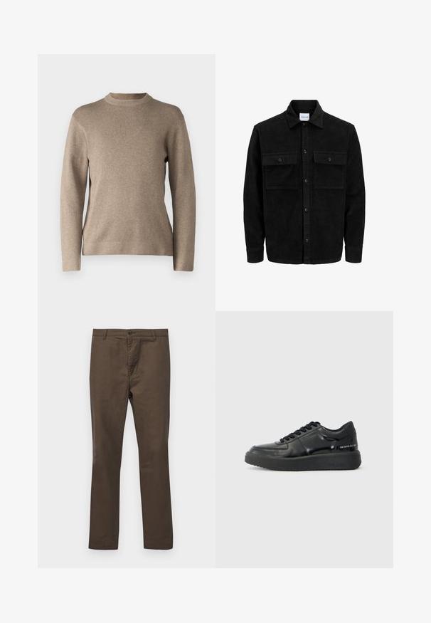 Čierna kordúrová bunda s gombíkmi, dvoma prednými vreckami so záklopkou a klasickým golierom, dlhými rukávmi a ryhovanou textúrou.; Béžový sveter s okrúhlym výstrihom, dlhými rukávmi, rebrovanými манжетами a mäkkou, textúrovanou tkaninou. Má jednoduchý dizajn a voľný strih.; Hnedé bavlnené nohavice so strihom rovného nohu, s gombíkovým zapínaním a pútkom na opasok, hladká textúra bez vzorov alebo akcentov.; Čierne kožené tenisky s hladkým povrchom, okrúhlou špičkou a kontrastnou čiernou gumovou podrážkou. Majú ploché šnúrky a branding na boku.