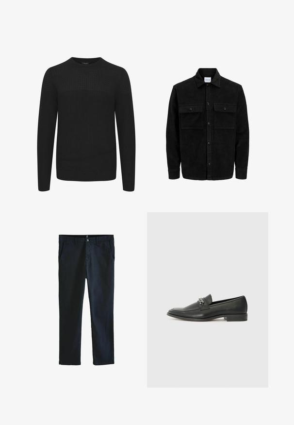 Mustmustöös nupuga jope, millel on kaks eesmist klapiga taskut ja klassikaline kaelus, pikad varrukad ning ribakujuline tekstuur.; Mustmustestega mustriga, ümar kaelus, tekstuurse ülaosaga ning ribakätiste ja -äärega. Valmistatud pehmest ja soojast kangast.; Tumed sinine sirge lõikega püksid, millel on sile puuvillane kangas, ees taskud ja nööp kinnitusega vöökoht.; Must haveate nahkking punased, millel on sile viimistlus, tikitud muster ja dekoratiivne metallkett vampi üle. Tasane konts.