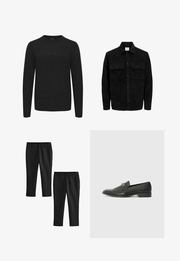 Črna kordurojska jakna z gumbi, z dvema sprednjima žepoma z zavihkom in klasičnim ovratnikom, dolgimi rokavi ter rebrasto teksturo.; Črna pletena pulover s krožnim izrezom, ki ima teksturiran zgornji del ter rebraste manšete in spodnji rob. Izdelan iz mehkega, toplega materiala.; Črne krojene hlače z gladko teksturo, z ravnimi nogami in pasom srednje višine. Prikazani sta dva para, ena skrajšana.; Črni usnjeni loafer z gladko površino, ki ima šivano zasnovo in dekorativni kovinski verižni naglas preko vampirja. Ravno peto.