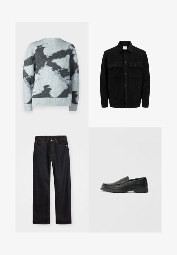 Veste en velours côtelé noire à boutons, avec deux poches à rabat à l'avant et un col classique, des manches longues et une texture côtelée.; Jack & Jones JCOTRAVIS - Pullover - light grey melange; Jean en denim noir pour hommes, coupe droite, avec cinq poches et surpiqûres orange, fermeture par bouton et zip à la taille avant.; Mocassins en cuir noir avec une finition lisse, tige de style moccasin, détails cousus et semelle en caoutchouc. Design classique avec un talon bas.