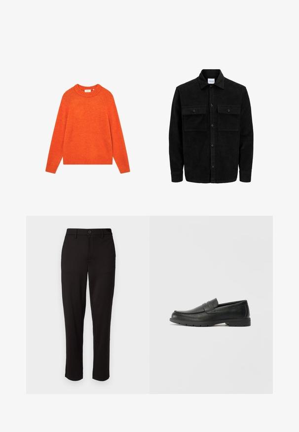 Giacca in corduroy nera con bottoni, due tasche anteriori con patta, colletto classico, maniche lunghe e texture a coste.; Maglione arancione in morbido tessuto, con scollo e orlo a costine, maniche lunghe e vestibilità rilassata. Nessun motivo o decorazione.; Pantaloni neri in tessuto leggero, con gamba dritta, chiusura frontale con bottone, passanti per cintura e tasche laterali.; Mocassini neri in pelle con una finitura liscia, parte superiore in stile mocassino, dettagli cuciti e suola in gomma. Design classico con tacco basso.