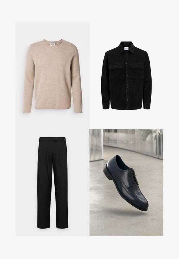 Zwarte corduroy knopenjack met twee voorste klepzakken en een klassieke kraag, lange mouwen en ribbelstructuur.; Beige trui met lange mouwen, gemaakt van een zachte stof, met een ronde hals en een rechte zoom. Heeft een gestructureerde breisel en een minimalistisch ontwerp.; Zwarte broeken van gladde stof, met een recht model, twee voorknikken en een standaard tailleband met riemlussen.; Glanzende zwarte leren schoenen met veters, zwevend boven een glad, lichtgrijze vloer en verticale metalen stangen op de achtergrond.