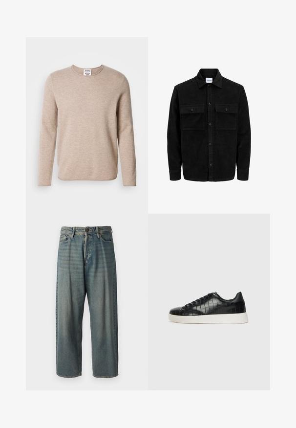 Mustat corduroy-nappi takki, jossa on kaksi etupistotaskua ja klassinen kaulus, pitkät hihat ja ribattu pinta.; Beige pitkähihaine villapaita, joka on valmistettu pehmeästä kankaasta, jossa on pyöreä pääntie ja suora helma. Siinä on teksturoitu neulos ja minimalistinen muotoilu.; Vaaleansiniset farkut, joissa on väljä istuvuus, keskikorkea vyötärö ja suorat lahkeet. Ominaisuuksiin kuuluvat viisi taskua, vyölenkit ja nappisulku.; Musta lenkkarit, joissa on teksturoitu krokotiililla kohokuvioitu nahkapinta, pyöristetty varvas ja erottuva valkoinen kumipohja, jossa on sileä pinta.