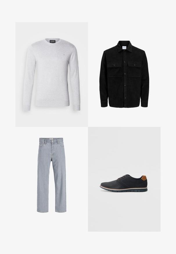 Črna kordurojska jakna z gumbi, z dvema sprednjima žepoma z zavihkom in klasičnim ovratnikom, dolgimi rokavi ter rebrasto teksturo.; Svetlo sivi pleteni pulover z dolgimi rokavi, okroglim izrezom in majhnim logotipom izvezenim na prsih. Mehak material, vsestranski dizajn.; Svetlo modri kavbojki s sproščenim krojem, naravnost oblikovani nogi, vidnimi šivi, dvema sprednjima žepoma in gumbnim zapiranjem.; Črne sintetične čevlje z teksturirano zgornjščino, gladkimi akcenti, rjavim petnim delom in kontrastnim podplatom. Imajo minimalno vezanje in detajle šivanja.