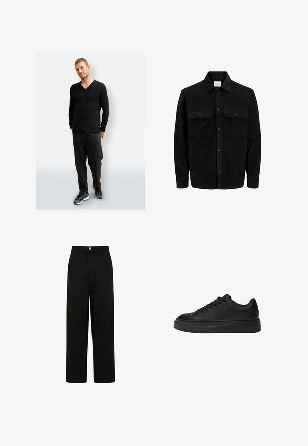 Zwarte corduroy knopenjack met twee voorste klepzakken en een klassieke kraag, lange mouwen en ribbelstructuur.; Zwarte v-hals trui gemaakt van zacht materiaal, gecombineerd met losse zwarte broeken en sportieve zwarte sneakers. Eenvoudig, strak ontwerp met ribbelmanchetten.; Zwarte wijde beenbroeken, gemaakt van katoen. Voorzien van een voorste knoopsluiting, twee zijzakken en een ontspannen pasvorm.; Zwarte sneaker van gladleer, met een ronde neus, een dikke platformzool en een traditionele vetersluiting met zes vetergaatjes.