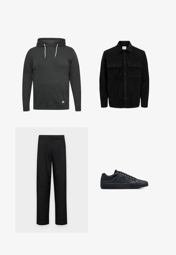 Chaqueta de pana negra con botones, dos bolsillos delanteros con solapa y un cuello clásico, mangas largas y textura acanalada.; Sudadera gris oscuro hecha de una tela suave y combinada. Cuenta con un bolsillo frontal, cordones ajustables y puños y dobladillo acanalados.; Pantalones negros de tela suave, con un diseño de pierna recta, dos pliegues frontales y una cintura estándar con trabillas para el cinturón.; Zapatillas negras de corte bajo, hechas de cuero suave con una suela de goma texturizada, con cordones redondos y un logo de estrella en el lado.