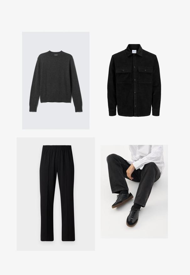 Juodas velveto mygtukų švarkas su dviem priekiniais kišenėmis su atvartais, klasikiniu apykakle, ilgomis rankovėmis ir raukšlėtu paviršiumi.; Tamsiai pilkas megztinis su apvalia apykakle, raištinėmis rankogaliais ir apačia. Audinys turi lygų paviršių ir pasižymi laisvu siluetu.; Juodos, elastingos juosmens kelnės su tiesiomis kojomis, turinčios lygų paviršių ir be matomų raštų ar detalių.; Juodi sportbačiai su lygiu ir tekstūruotu paviršiumi, turi guminį padas ir tamsias raištelius. Suderinti su juodomis džinsais ir balta juostuota marškinėliais.