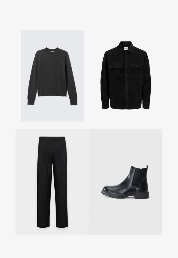 Svart kordflodjacka med knappar, två framfickor med klaff och klassisk krage, långa ärmar och ribbad textur.; Mörkgrå stickad tröja med rund halsringning, ribbade ärmslut och nederkant. Tyget har en mjuk textur och har en avslappnad passform.; Svarta byxor i slät väv, med rak ben-design, två framfickor och standardmidja med bälteshällor.; Svarta läder Chelsea boots med elastiska sidopaneler, rund tå och gummisula med bra grepp. Minimalistisk design med dragtab.