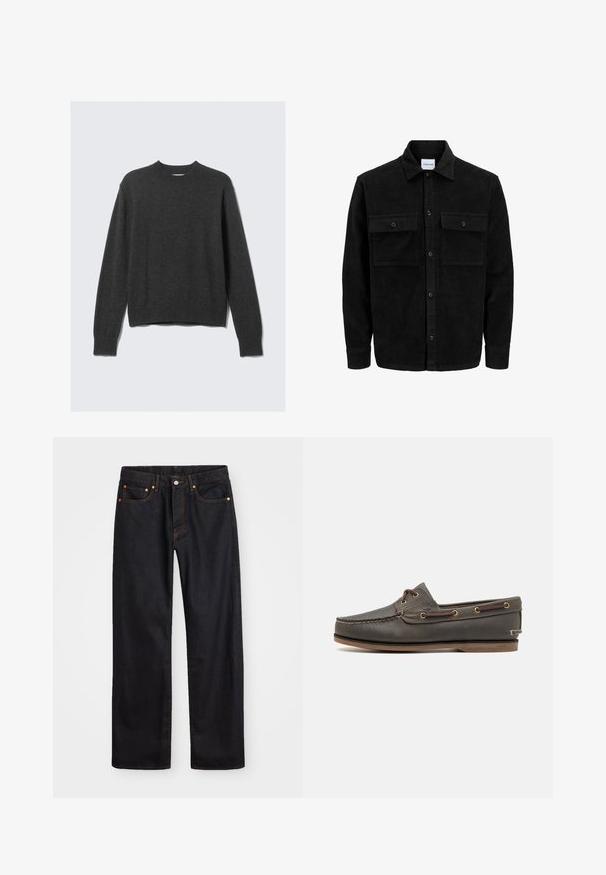 Schwarze Corduroy-Button-Up-Jacke mit zwei frontalem Klappentaschen und klassischem Kragen, langen Ärmeln und gerippter Textur.; Dunkelgrauer gestrickter Pullover mit Rundhalsausschnitt, gerippten Bündchen und Saum. Der Stoff hat eine glatte Textur und zeichnet sich durch einen lässigen Schnitt aus.; Herren gerade geschnittene schwarze Jeans aus Denim mit fünf Taschen und orangefarbenen Nähten, Knopf- und Reißverschluss vorne am Bund.; Dunkelbraune Lederbootsschuh mit niedrigem Profil, ausgestattet mit Messingösen und kontrastierendem Stich, flacher Gummisohle und strukturiertem Finish.