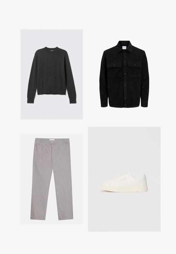Čierna kordúrová bunda s gombíkmi, dvoma prednými vreckami so záklopkou a klasickým golierom, dlhými rukávmi a ryhovanou textúrou.; Tmavo šedý pletený sveter s okrúhlym výstrihom, rebrovanými manžetami a spodným okrajom. Tkanina má hladkú textúru a ponúka uvoľnený strih.; Svetlo šedé bavlnené nohavice s elastickým pásom, dvoma bočnými vreckami, rovnými nohavicami a hladkou textúrou. Jednoduché švy.; Biele slip-on tenisky s textúrovaným povrchom, hrubou podrážkou a minimalistickým dizajnom. Obsahuje logo značky na boku.