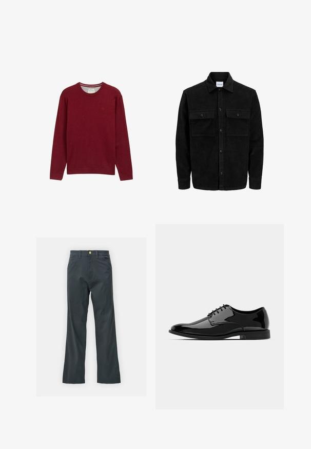 Zwarte corduroy knopenjack met twee voorste klepzakken en een klassieke kraag, lange mouwen en ribbelstructuur.; Bordeaux kleurige crewneck trui van zacht materiaal. Lange mouwen en geribbelde manchetten met een klein logo detail op de borst. Glad textuur.; Zwarte broek met een rechte pijp, gemaakt van een katoenmix. Voorzien van een metalen knoopsluiting en zijzakken. Geen zichtbare patronen.; Zwarte gepatineerde leren jurkchoenen met een ronde neus, vetersluiting en een glad, glanzend oppervlak. Voorzien van een laagprofiel rubberen zool.