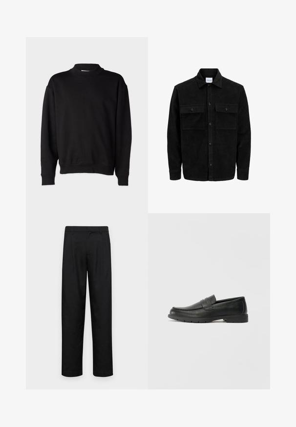 Čierna kordúrová bunda s gombíkmi, dvoma prednými vreckami so záklopkou a klasickým golierom, dlhými rukávmi a ryhovanou textúrou.; Čierna mikina s vysokým, rebrovaným golierom, dlhými rukávmi a uvoľneným strihom. Mäkka štruktúra s rebrovanými manžetami a lemom.; Čierne nohavice vyrobené z hladkej tkaniny, s rovnými nohavicami, dvoma prednými skladmi a štandardným pásom s pútkami na opasok.; Čierne kožené mokasíny s hladkým povrchom, vrchnou časťou v štýle mokasín, prešitým detailom a gumovou podrážkou. Klasický dizajn s nízkym podpätkom.
