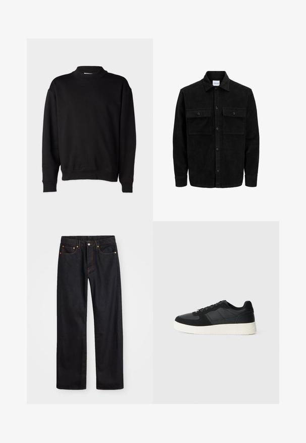 Mustmustöös nupuga jope, millel on kaks eesmist klapiga taskut ja klassikaline kaelus, pikad varrukad ning ribakujuline tekstuur.; Mustaline sviiter kõrge soonikkoes kraega, pikad varrukad ja vabalt langev lõige. Pehme tekstuur koos soonikkoes mansettide ja alläärega.; Meeste sirge jala mustad denim teksad viie taskuga, oranž õmblus, nupu ja tõmblukuga ees nagu vöökoht.; Mustmustel musta madal sneaker tekstuuriga nahast ja sametist paneelidega, valge kummitald ja mustad suledega, lihtsal heledal taustal.