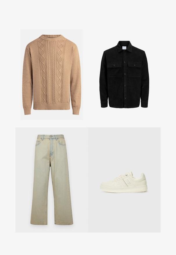 Sort fløjl button-up jakke med to frontlommer og klassisk krave, lange ærmer og ribbet tekstur.; Striktrøje i beige med strukturerede mønstre. Har rund hals, ribkantede ærmer og varierende kabelstrikdesigns på forsiden.; Lyseblå, bred ben jeans lavet af denim med en falmet finish. Har fem lommer og en frontlukning med knap.; Cremefarvet sneaker med perforeret detaljering, snørebånd og logo på siden, præsenteret mod en simpel hvid baggrund.