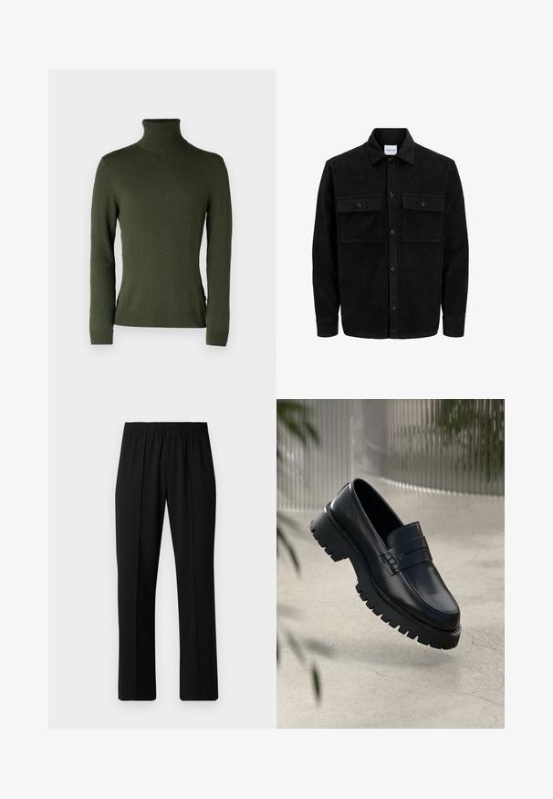 Schwarze Corduroy-Button-Up-Jacke mit zwei frontalem Klappentaschen und klassischem Kragen, langen Ärmeln und gerippter Textur.; Grüner Rollkragenpullover, aus weichem Material gefertigt, verfügt über lange Ärmel, eine schlanke Passform sowie gerippte Bündchen und Saum, mit seitlichen Schlitzdetails.; Schwarze, Gummibund-Hosen mit geradem Schnitt, die eine glatte Textur aufweisen und keine sichtbaren Muster oder Beschläge haben.; Schwarze Lederloafer mit einer robusten profilierten Sohle, ausgestattet mit einem dekorativen Riemen und einer Stichdetail. Glatte Textur mit einem polierten Finish.