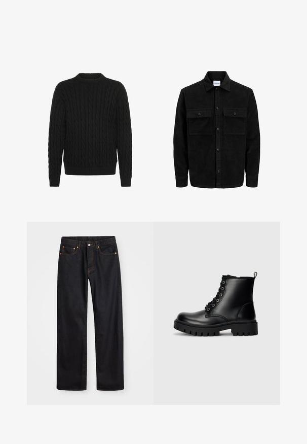 Schwarze Corduroy-Button-Up-Jacke mit zwei frontalem Klappentaschen und klassischem Kragen, langen Ärmeln und gerippter Textur.; Solid SDMALCOLM - Strickpullover - true black; Herren gerade geschnittene schwarze Jeans aus Denim mit fünf Taschen und orangefarbenen Nähten, Knopf- und Reißverschluss vorne am Bund.; Schwarze Leder-Stiefeletten mit runder Spitze, Schnürdesign und einer robusten, dicken Sohle. Verfügt über eine Ziehschlaufe an der Ferse und silberne Beschläge.