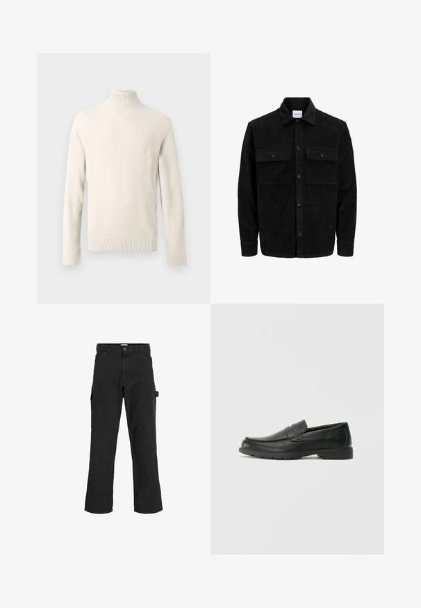 Melnas kordūru pogu jaka ar divām priekšējām atloka kabatām un klasisku apkakli, garām piedurknēm un ribotu tekstūru.; Krēmiskrāsas adīts turtlenecks džemperis ar garām piedurknēm un ribotām aprocēm un apakšmalu, izstādīts uz baltas fona.; Melnas cargo bikses no kokvilnas maisījuma auduma. Iekļauj plašas kājas, priekšējās slīpās kabatas un sānu kabatu ar cilpu aksesuāriem.; Melnas ādas loafers ar gludu apdari, mokasīnu stila augšdaļu, šūtu detalizāciju un gumijas zoli. Klasisks dizains ar zemu papēdi.