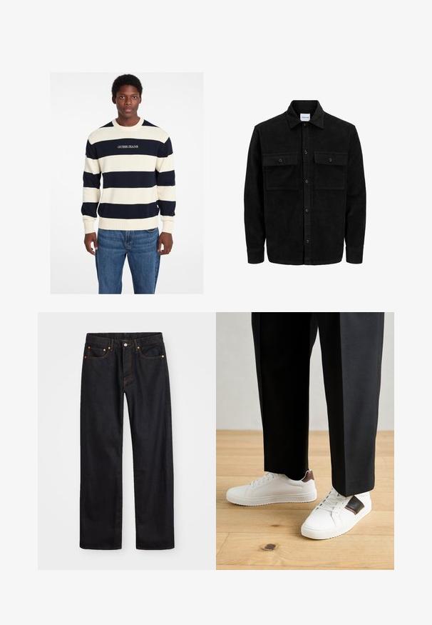 Melnas kordūru pogu jaka ar divām priekšējām atloka kabatām un klasisku apkakli, garām piedurknēm un ribotu tekstūru.; Navy un krēmkrāsas svītrota džemperis no adīta auduma, ar ribbed aprocēm un apakšmalu, uz kura priekšpuses ir redzams "GUESS JEANS" logos. Ikdienas piegriezums.; Vīriešu taisno kāju melnie džinsi ar piecām kabatām un oranžu izšuvumu, ar pogu un zipa aizdari priekšējā jostas daļā.; Baltā pārsoļa apavi ar gludu tekstūru, papildināti ar brūniem ādas akcentiem un melniem elementiem, savienoti ar melnām pielāgotām biksēm. Koka grīdas fons.