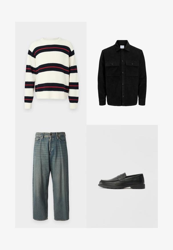 Veste en velours côtelé noire à boutons, avec deux poches à rabat à l'avant et un col classique, des manches longues et une texture côtelée.; Pull rayé crème, avec des rayures horizontales navy et rouges. Fabriqué en épais tricot, avec des manches longues et un col rond.; Jeans en denim bleu clair avec une coupe ample, taille mi-haute et jambes droites. Comprend cinq poches, des passants de ceinture et une fermeture à bouton.; Mocassins en cuir noir avec une finition lisse, tige de style moccasin, détails cousus et semelle en caoutchouc. Design classique avec un talon bas.