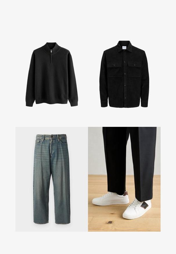 Črna kordurojska jakna z gumbi, z dvema sprednjima žepoma z zavihkom in klasičnim ovratnikom, dolgimi rokavi ter rebrasto teksturo.; Črn pulover s kapuco, z zadrgo, waffle pletenine in dolgimi rokavi; ima rebrast rob na rokavih in dnu.; Svetlomoderne kavbojke z ohlapnim krojem, srednjim pasom in ravnimi nogami. Imajo pet žepov, zanke za pas in zapiranje na gumb.; Beli športni copati z gladko teksturo, okrašeni z rjavimi usnjenimi detajli in črnimi poudarki, v kombinaciji s črnimi krojenimi hlačami. Ozadje iz lesenih tal.
