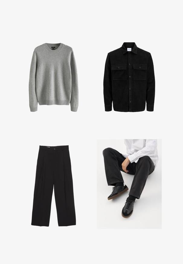 Mustat corduroy-nappi takki, jossa on kaksi etupistotaskua ja klassinen kaulus, pitkät hihat ja ribattu pinta.; Harmaa neulepaita, jossa on pyöreä pääntie, joustavat hihansuut ja helma, pehmeä tekstuuri ja rento istuvuus. Ei näkyviä kuvioita tai yksityiskohtia.; Mustat väljät housut, jotka on valmistettu sileästä kankaasta ja joissa on litteä vyötärö, etupleaatit ja yksi nappisulku.; Mustat tennarit, joissa on sileä ja teksturoitu päällyste, varustettuna kumipohjalla ja tummilla nauhoilla. Yhdistetty mustiin farkkuihin ja valko-raitaiseen paitaan.