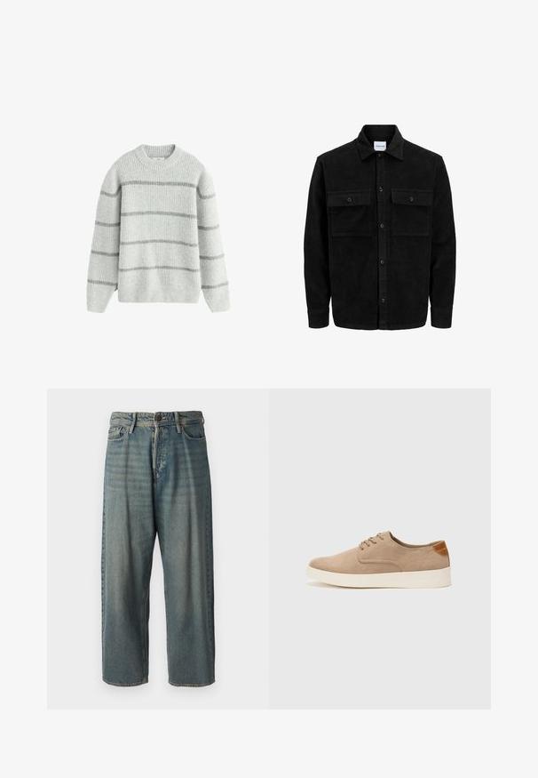 Crni kožni kord jakna na dugmad s dva prednja džepa s preklopom i klasičnim ovratnikom, dugim rukavima i rebrastom teksturom.; Sivi prugasti pletenjak napravljen od meke, teksturirane tkanine. Ima okrugli izrez i duge rukave s svijetlosivim i tamnosivim horizontalnim prugama.; Svijetloplave traperice s širokim krojem, srednjim pojasom i ravnim nogavicama. Ima pet džepova, petlje za remen i kopčanje na gumb.; Bež nubuk tenisice s okruglim vrhom, vezanjem sprijeda i teksturiranim stražnjim naglaskom. Bijela gumena potpetica pruža kontrast. Jednostavan i moderan dizajn.