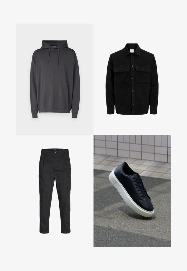 Čierna kordúrová bunda s gombíkmi, dvoma prednými vreckami so záklopkou a klasickým golierom, dlhými rukávmi a ryhovanou textúrou.; Šedá mikina z mäkkej tkaniny, s prednou vreckom typu "kangaroo", kapucňou so šnúrkami a rebrovanými manžetami a spodným lemom.; Čierne cargo nohavice z odolnej látky, s viacerými vreckami, gombíkovým zapínaním a úzkym strihom so zúženými nohavicami.; Čierne kožené tenisky s okrúhlou špičkou a bielou gumovou podrážkou. Majú ploché šnúrky a minimálne šitie na vrchu. Textúrovaná podrážka pre lepšiu priľnavosť.