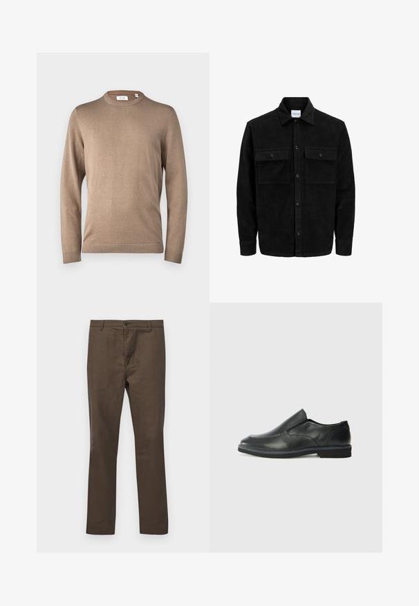 Črna kordurojska jakna z gumbi, z dvema sprednjima žepoma z zavihkom in klasičnim ovratnikom, dolgimi rokavi ter rebrasto teksturo.; Only & Sons ONSALEX CREW NECK - Pulover - desert taupe; Rjave bombažne hlače s ravnim krojem, z gumbnim zapiranjem in zankami za pas, gladka tekstura brez vzorcev ali dodatkov.; Črne usnjene natikače z gladkim zgornjim delom, prišitimi detajli, zaobljenim nosom in nizkim gumijastim petkom. Podplat ima minimalen profil.