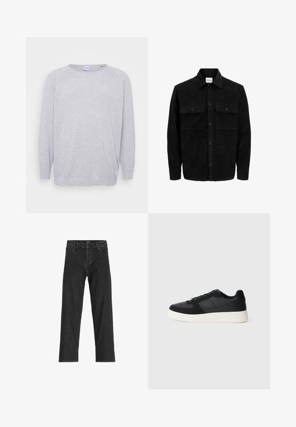 Mustmustöös nupuga jope, millel on kaks eesmist klapiga taskut ja klassikaline kaelus, pikad varrukad ning ribakujuline tekstuur.; Hele hallid kampsun pikalaste varrukatega, ümmarguse kaelusega ja tekstuurse kudumisega. Omab peent täpikate mustrit ning väikest sildit alusservas.; Mustad siidist teksad, sirge jalgadega disainiga, tõmbluku ja vöödega, kuue taskuga, valmistatud tugevast puuvilla ja sünteetilise kiu segust.; Mustmustel musta madal sneaker tekstuuriga nahast ja sametist paneelidega, valge kummitald ja mustad suledega, lihtsal heledal taustal.