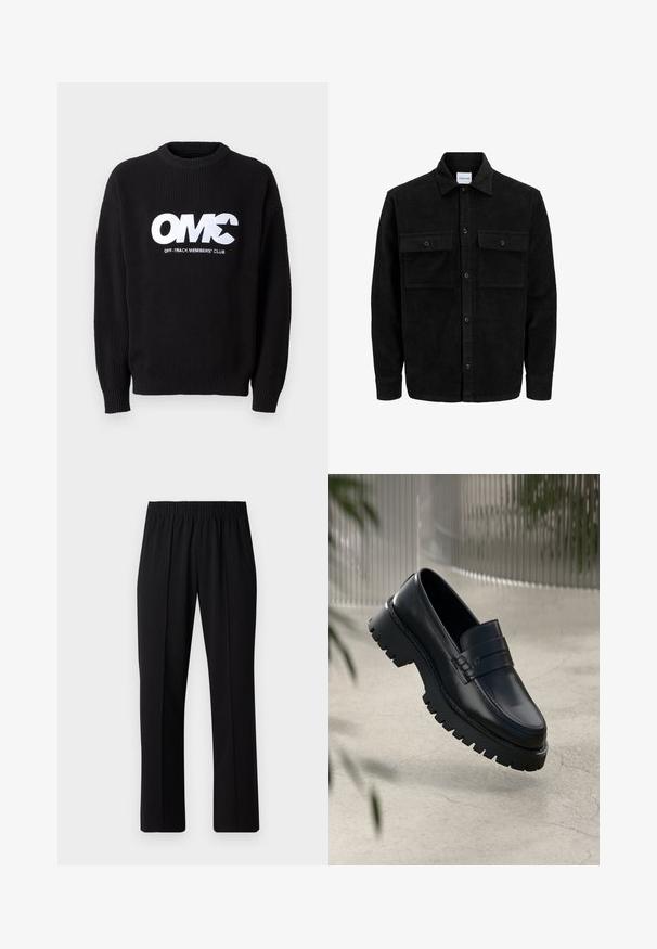 Schwarze Corduroy-Button-Up-Jacke mit zwei frontalem Klappentaschen und klassischem Kragen, langen Ärmeln und gerippter Textur.; Schwarzer gerippter Strickpullover mit Rundhalsausschnitt, versehen mit auffälligem, weißen gestickten Text "OMC" und "OFF-TRACK MEMBERS' CLUB" auf der Vorderseite.; Schwarze, Gummibund-Hosen mit geradem Schnitt, die eine glatte Textur aufweisen und keine sichtbaren Muster oder Beschläge haben.; Schwarze Lederloafer mit einer robusten profilierten Sohle, ausgestattet mit einem dekorativen Riemen und einer Stichdetail. Glatte Textur mit einem polierten Finish.