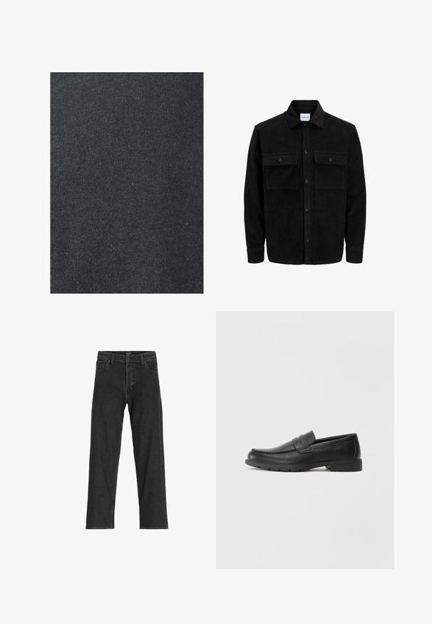 Juodas velveto mygtukų švarkas su dviem priekiniais kišenėmis su atvartais, klasikiniu apykakle, ilgomis rankovėmis ir raukšlėtu paviršiumi.; Juodas medvilnės audinys su lygiu paviršiumi, turintis nuoseklią mezgimo struktūrą ir be matomų puošmenų ar metalinių detalių.; Juoda džinsinė kelnė su tiesaus kirpimo dizainu, su užtrauktuku, diržo kilpomis ir šešiais kišenėmis, pagaminta iš tvirto medvilnės mišinio.; Juodai odiniai loaferiai su sklandžiu paviršiumi, mokasino stiliaus viršus, siuvinėjimu ir guminėmis padangomis. Klasikinis dizainas su žemu kulnu.