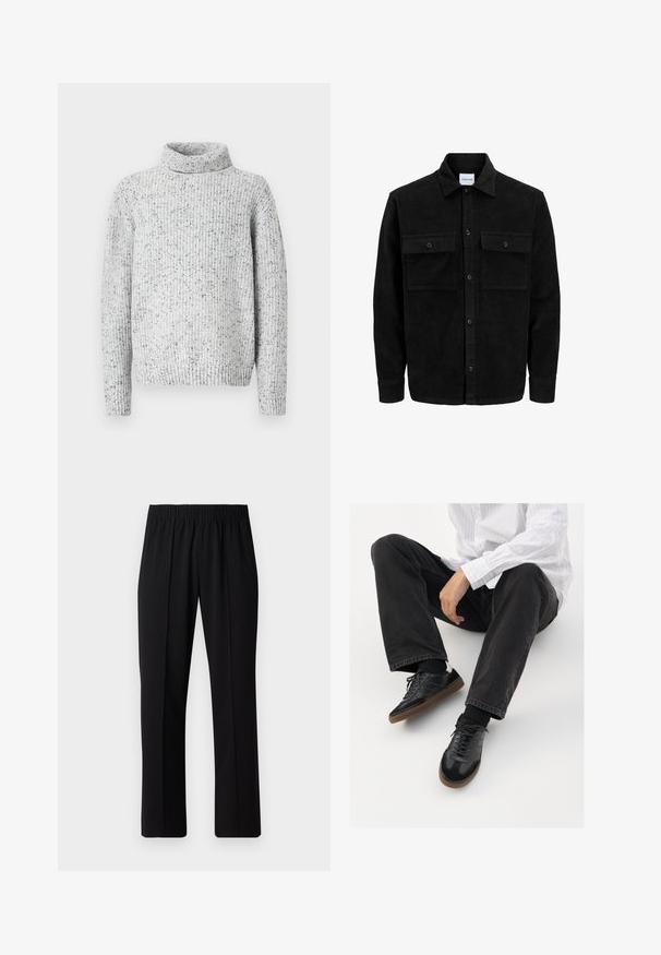 Schwarze Corduroy-Button-Up-Jacke mit zwei frontalem Klappentaschen und klassischem Kragen, langen Ärmeln und gerippter Textur.; Helles graues, geripptes Strick-Turtleneck mit schwarzem Sprenkelmuster und langen Ärmeln auf weißem Hintergrund.; Schwarze, Gummibund-Hosen mit geradem Schnitt, die eine glatte Textur aufweisen und keine sichtbaren Muster oder Beschläge haben.; Schwarze Sneakers mit einer glatten und strukturierten Oberfläche, ausgestattet mit einer Gummisohle und dunklen Schnürsenkeln. Kombiniert mit schwarzen Jeans und einem gestreiften weißen Hemd.