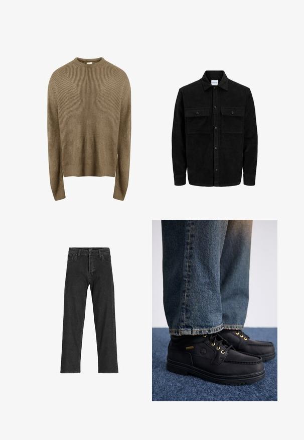 Mustat corduroy-nappi takki, jossa on kaksi etupistotaskua ja klassinen kaulus, pitkät hihat ja ribattu pinta.; Redefined Rebel MILTON BOXY FIT - Neule - sand; Mustat denimit, joissa on suora lahkeidesign, varustettu vetoketjulla, vyölenkeillä ja kuudella taskulla, valmistettu tukevasta puuvillasekoitekangasta.; Musta nahkakengät kultaisilla rei'illä ja tekstuuripinnalla, yhdistettynä sinisiin farkkuihin. Kengissä on kerroksellinen pohja ja brändäysyksitys.