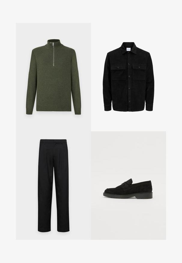 Mustmustöös nupuga jope, millel on kaks eesmist klapiga taskut ja klassikaline kaelus, pikad varrukad ning ribakujuline tekstuur.; Tume roheline kudumislõngaga sviiter, millel on pikad varrukad ja ees hõbedane tõmblukk, mis ulatub pooleni halsikrae alt.; Mustad mustadest riietest, millel on sirge jalgade disain, kaks eesmist voltimist ja tavaline vöökoht, millel on vöökohad.; Mustad sametist loafers madala kontsaga, millel on lihtne riba ülaservas ja tekstuuritud detailid külgedel.