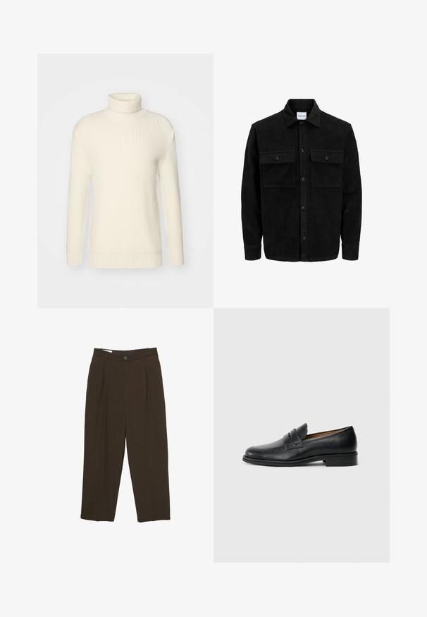 Czarna kurtka z korduru z guzikami, z dwoma przednimi kieszeniami na klapki oraz klasycznym kołnierzem, długimi rękawami i ryżowym splotem.; Kremowy sweter z golfem wykonany z prążkowanej dzianiny, z długimi rękawami i luźnym krojem, z prążkowanymi mankietami i dołem.; Ciemnobrązowe dopasowane spodnie z przodu z zakładkami, szlufkami na pasek i zapięciem na guzik w talii.; Czarne skórzane mokasyny z zaokrąglonym czubkiem, z przodem ozdobionym paskiem i niskim, stałym obcasem. Gładka tekstura i elegancki design.
