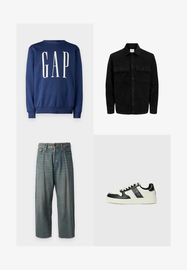 Melnas kordūru pogu jaka ar divām priekšējām atloka kabatām un klasisku apkakli, garām piedurknēm un ribotu tekstūru.; GAP Ikdienas džemperis - blue shade; Gaiši zili džinsi ar brīvu piegriezumu, vidējo jostas augstumu un taisnām kājām. Satur piecas kabatas, jostas cilpas un pogu aizdari.; Ādas sporta apavi ar melnbaltu krāsu shēmu, ar perforētiem akcentiem, mīkstinātu apkakli un teksturētu zoli.