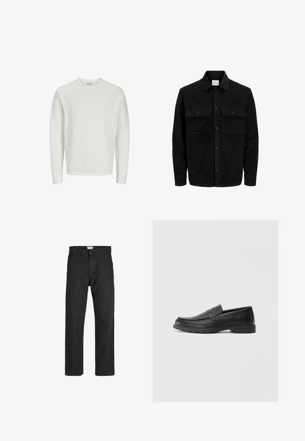 Črna kordurojska jakna z gumbi, z dvema sprednjima žepoma z zavihkom in klasičnim ovratnikom, dolgimi rokavi ter rebrasto teksturo.; Majica s dolgimi rokavi v off-white barvi, iz teksturirane tkanine. Oblikovana je z okroglim izrezom, brezšivnimi rameni in ravnim robom. Brez vidnih vzorcev ali akcentov.; Črne hlače iz trpežnega materiala, s krojem naravnih nog, našitki ter dvema sprednjima žepoma za funkcionalnost.; Črne usnjene loafer čevlje z gladko površino, zgornjim delom v slogu mokasin, šivanimi detajli in gumijastim podplatom. Klasična zasnova z nizko peto.