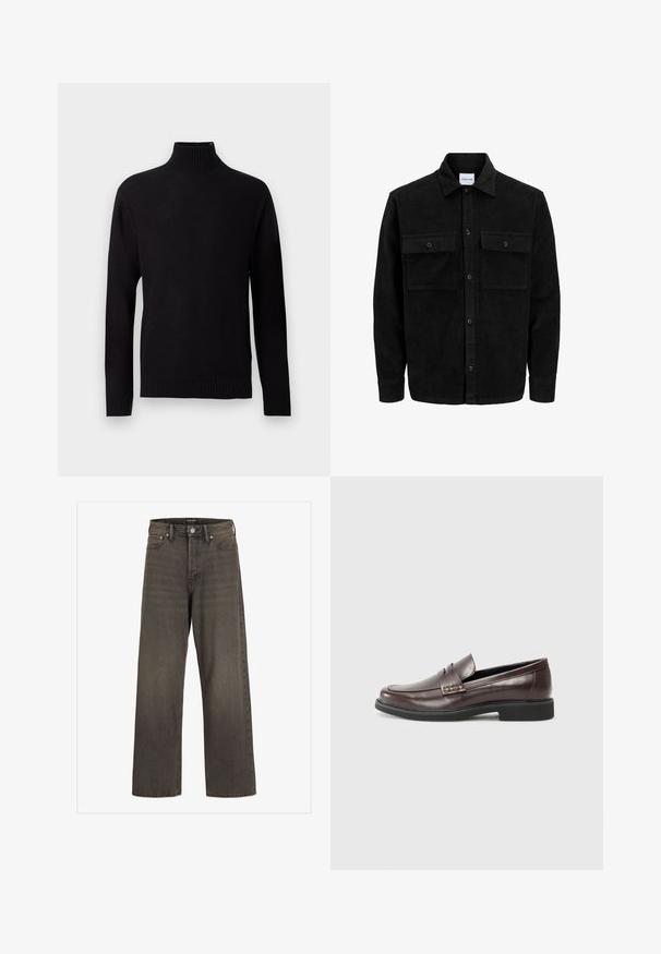 Mustmustöös nupuga jope, millel on kaks eesmist klapiga taskut ja klassikaline kaelus, pikad varrukad ning ribakujuline tekstuur.; Mustmustri ribaga kootud kõrge kaelusega sviiter pikkade varrukatega, esitleb valgel taustal.; Laia säärtega sinimustad teksad tumeda halli denimi, kõrge talje, klassikalise viie tasku disaini ning kontrastsete õmblustega õmblustel.; PRUUNID NAASTE NAHK LOFAERID sileda pinnaga, millel on peene õmblustunne ülemise serva juures ja must kummitald.