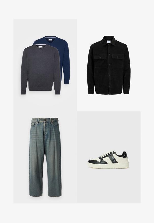 Jachetă din catifea neagră, cu butoni, două buzunare frontale cu clapetă și un guler clasic, mâneci lungi și textură ribbed.; Două pulovere cu decolteu în V, de culoare gri închis și albastru marin, confecționate dintr-un material moale, cu manșete riblate și un detaliu cu dungi în interiorul gâtului.; Jeans din denim bleu deschis, cu o croială lejeră, talie medie și picioare drepte. Au cinci buzunare, bucle pentru curea și închidere cu nasture.; Tenisi din piele cu un scheme de culori negru și crem, dotati cu accente perforate, guler căptușit și o talpă texturată.