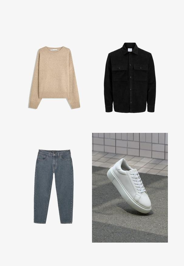 Mustat corduroy-nappi takki, jossa on kaksi etupistotaskua ja klassinen kaulus, pitkät hihat ja ribattu pinta.; Beige neulepusero, joka on valmistettu pehmeästä ja teksturoidusta neuleesta. Siinä on pyöreä kaula-aukko, ribbireunat ja cropped-helma sekä pudotetut olkapäät.; Tummansiniset farkut rentoa istuvuutta, viisi-taskista muotoilua, napitus ja hieman kuluneet lahkeensuukkeet. Kestävä materiaali, jossa on hienovarainen tekstuuri.; Valkoinen nahkainen lenkkari, jossa on sileä pinta, pyöreä kärki ja tasaiset valkoiset nauhat. Varustettu teksturoidulla kumi-pohjalla ja vähäisillä muotoiluelementeillä.