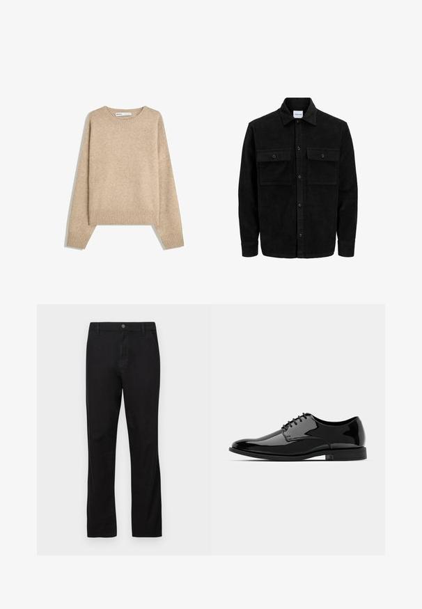 Schwarze Corduroy-Button-Up-Jacke mit zwei frontalem Klappentaschen und klassischem Kragen, langen Ärmeln und gerippter Textur.; Beiger Pullover aus weichem, strukturiertem Strick. Verfügt über einen runden Ausschnitt, gerippte Bündchen und einen verkürzten Saum mit überschnittenen Schultern.; Schwarze Baumwollhose mit geradem Bein, ausgestattet mit einem Knopfverschluss, Vorder- und Gesäßtaschen sowie einer glatten Textur.; Schwarze Lackleder-Schuh mit abgerundetem Zeh, Schnürdesign und glatter, glänzender Oberfläche. Verfügt über eine flache Gummisohle.