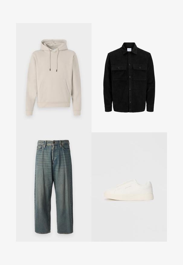 Melnas kordūru pogu jaka ar divām priekšējām atloka kabatām un klasisku apkakli, garām piedurknēm un ribotu tekstūru.; Hooded svīteris gaiši bēšā krāsā ar priekšējo kabatu, aukliņām un ribotām piedurknēm. Izgatavots no mīkstas, gludas auduma ar brīvu piegriezumu.; Gaiši zili džinsi ar brīvu piegriezumu, vidējo jostas augstumu un taisnām kājām. Satur piecas kabatas, jostas cilpas un pogu aizdari.; Baltas slip-on sporta apavi ar teksturētu virsmu, biezu zoli un minimālistisku dizainu. Sānos redzams zīmola logotips.