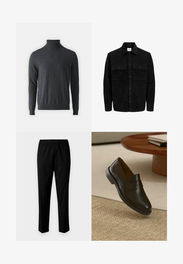 Juodas velveto mygtukų švarkas su dviem priekiniais kišenėmis su atvartais, klasikiniu apykakle, ilgomis rankovėmis ir raukšlėtu paviršiumi.; Tamsiai pilkas megztinis su aukštu kaklu, pagamintas iš minkštos, rašto medžiagos. Turi ilgas rankoves ir prigludusią juosmenį, su aukštu kaklu.; Juodi kelnės su elastingu juosmeniu, turinčios tiesaus kirpimo dizainą. Audinys atrodo lygus su matinėmis tekstūromis, be matomų raštų.; Juodas odinis loaferis su lygiu paviršiumi, apvaliu pirštu ir dekoratyvine juostele per viršų. Žemas guminis kulnas, priešingai tekstūruotam paviršiui.
