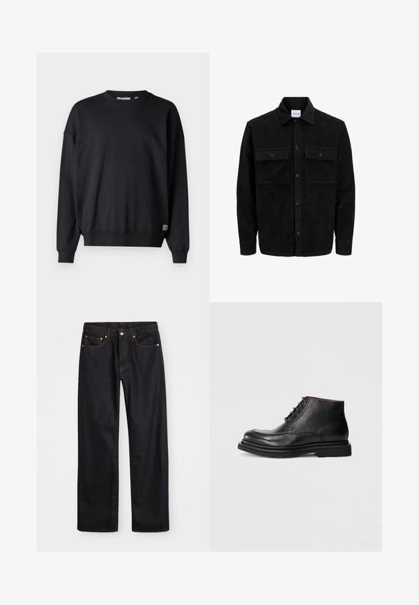 Chaqueta de pana negra con botones, dos bolsillos delanteros con solapa y un cuello clásico, mangas largas y textura acanalada.; Sudadera negra de manga larga, con cuello redondo, puños y dobladillo acanalados. Hecha de un tejido suave, cuenta con un pequeño parche de logo en la parte inferior.; Jeans de mezclilla negros de pierna recta para hombre, con cinco bolsillos y costuras en color naranja, cierre de botón y cremallera en la parte delantera de la cintura.; Botín de cuero negro hasta el tobillo con cierre de cordones, punta redondeada y suela de goma gruesa sobre un fondo blanco liso.