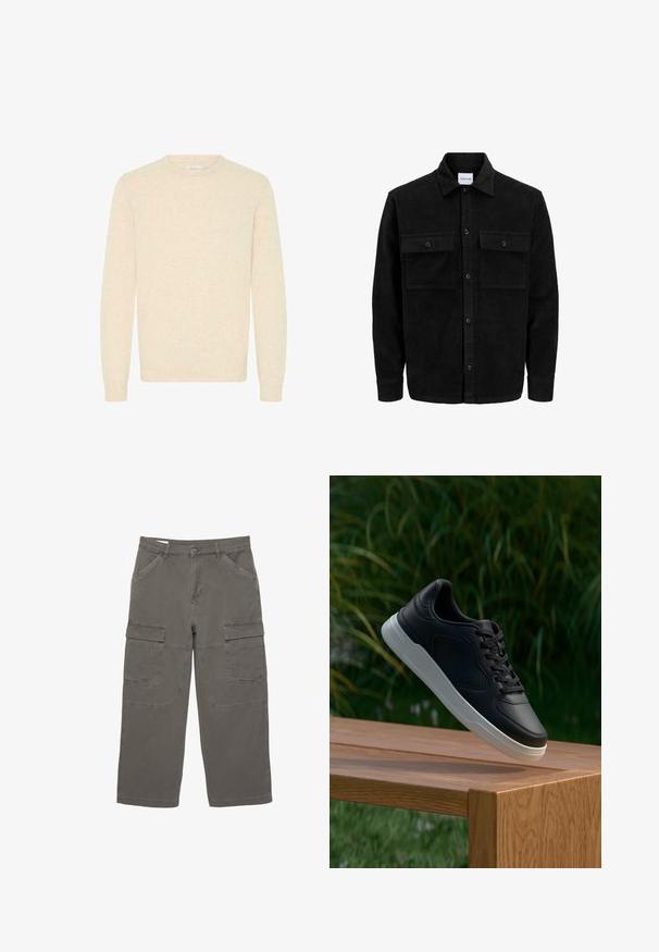 Crni kožni kord jakna na dugmad s dva prednja džepa s preklopom i klasičnim ovratnikom, dugim rukavima i rebrastom teksturom.; Svijetlosmeđi pulover napravljen od mekanog pletenog materijala, s okruglim izrezom i dugim rukavima, s rebrastim rubovima na rukavima i donjem dijelu.; Cargo hlače u prigušenoj sivoj boji, od pamučne tkanine, s dva bočna džepa i dva velika prednja cargo džepa, sa ravnim krojem.; Crni tenes sa bijelim potplatom suspendiran iznad drvene klupe, s zelenim lišćem u zamagljenoj pozadini.