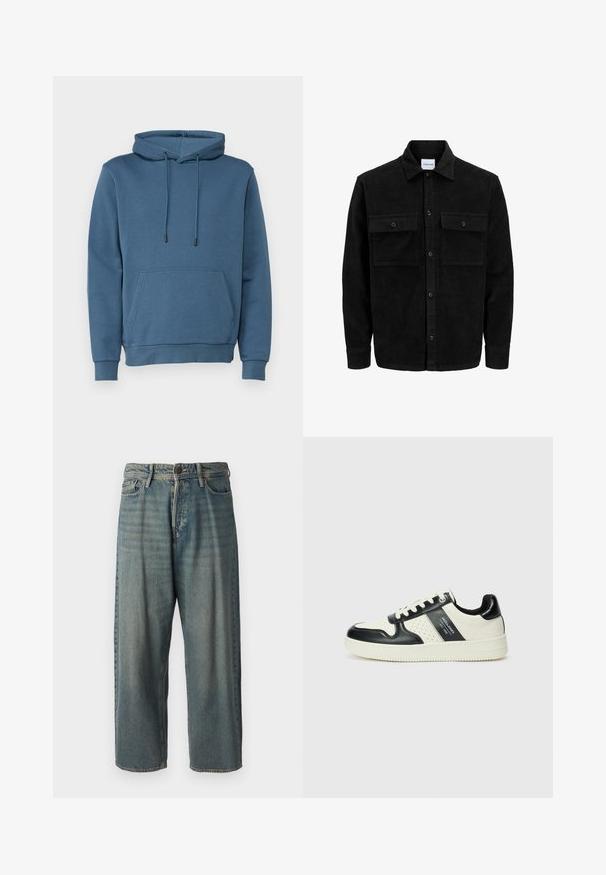 Czarna kurtka z korduru z guzikami, z dwoma przednimi kieszeniami na klapki oraz klasycznym kołnierzem, długimi rękawami i ryżowym splotem.; Hoodie w kolorze niebieskim, z kieszenią z przodu, sznurkiem ściągającym, ściągaczami przy mankietach i u dołu. Wykonany z miękkiego, teksturowanego materiału.; Jasnoniebieskie dżinsy o luźnym kroju, średnim stanie i prostych nogawkach. Posiadają pięć kieszeni, szlufki na pasek oraz zapięcie na guzik.; Skórzane sneakersy w czarno-kremowym schemacie kolorystycznym, z perforowanymi akcentami, wyściełanym kołnierzem i teksturowaną podeszwą.