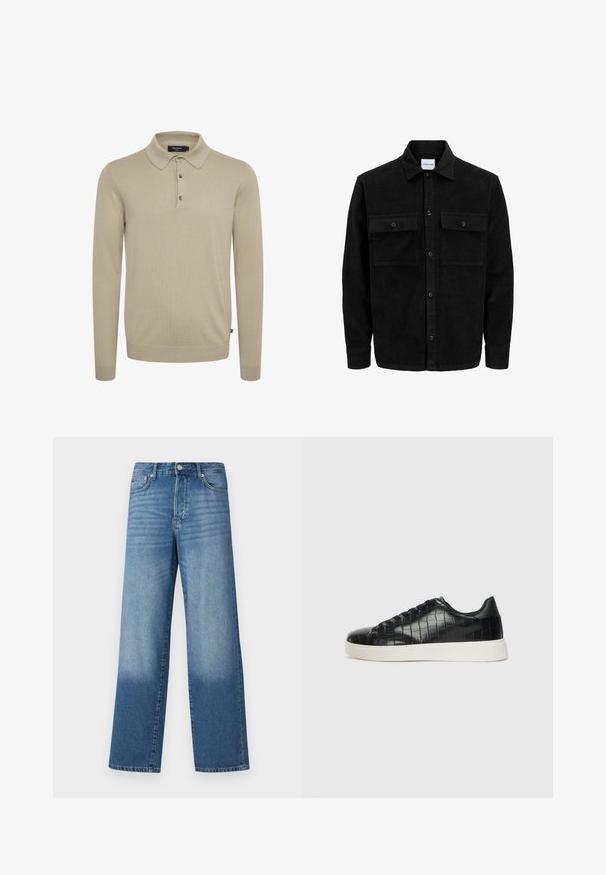 Mustat corduroy-nappi takki, jossa on kaksi etupistotaskua ja klassinen kaulus, pitkät hihat ja ribattu pinta.; Pitkähihainen polo paita vaaleasta beigeistä neulekudoksesta, jossa on klassinen kaulus, kolme nappia ja resorit hihansuissa.; Siniset vyötäröltä korkeat suorat farkut, joiden reiteissä on haalistumia ja tummempaa varjostusta haalareiden lähellä, näkyy etupainike ja taskut.; Musta lenkkarit, joissa on teksturoitu krokotiililla kohokuvioitu nahkapinta, pyöristetty varvas ja erottuva valkoinen kumipohja, jossa on sileä pinta.